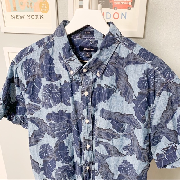 J. Crew Jeans Tropical Hawaiian Palm Print Chambray Shirt, Blue, XL - Picture 2 of 5